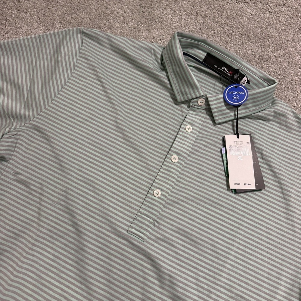 RLX Ralph Lauren Golf Polo Shirt Men Sz XL Green Striped Wicking Performance